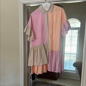 Entro Pink and Orange Mini Dress with Pleated Ruffles and Peter Pan Collar